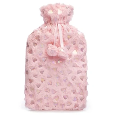 Image of A2Z Hot Water Bottle 2 Litre Metalic Foil Heart Pink Faux Fur Pom Plush Fleece Cover Bag for Pain Relief Cosy Nights and Relaxation