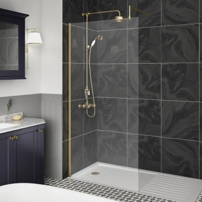 Image of Hudson Reed WRSBB11 Modern Bathroom &#039;Shower Shield&#039; Coated 8mm Toughened Safety Glass Wetroom Screen with Support Bar, 1100mm, Brushed Brass