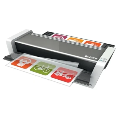 Image of Leitz A3 laminator, Touch 2, fully automatic high speed premium laminator for office and school, 80 to 250 mic laminating films, incl. pouches starter kit, white/grey, iLAM, 74744000