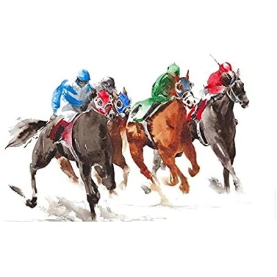 Image of Wee Blue Coo Racing Horses On White Art Print Canvas Premium Wall Decor Poster