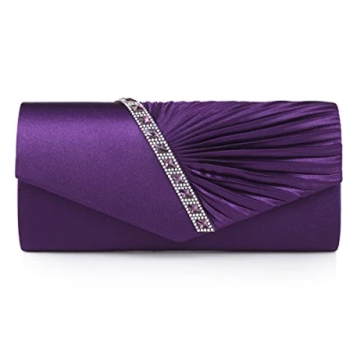 Image of Damara Womens Pleated Crystal Studded Satin Handbag Evening Clutch, Large, Purple