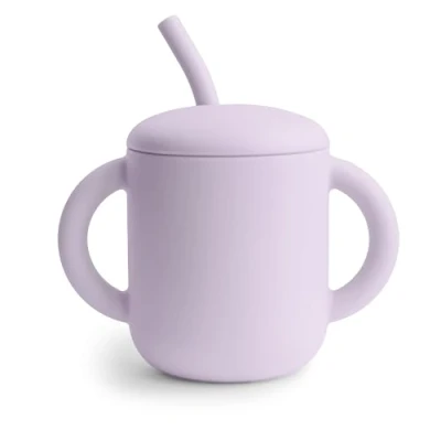 Image of Mushie Silicone Training Cup + Straw Baby Sippy with 6+ Months First Capacity: 175 mL Removable Lid Material: Food Grade Dishwasher &amp; Microwave Safe (Soft Lilac)