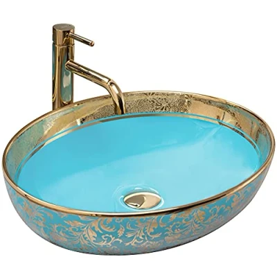 Image of REA Blau Bathroom Sink Made of Ceramic Blue/Gold pattern U8709, Blue, Margot Gold 52 x 40 cm