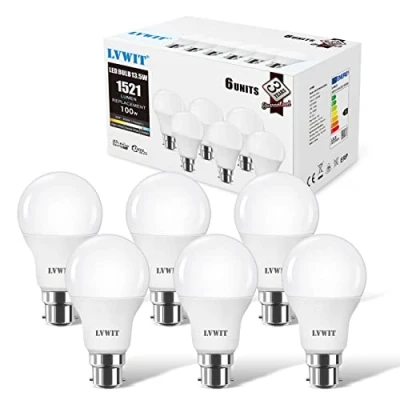 Image of LVWIT 13.5W Daylight LED B22 Bayonet A60 GLS Bulbs,100W Equivalent,6500K Cool White Energy Saving Bulbs,Ultra Bright BC Bulbs,1521Lm, 220 240V,Non Dimmable (Pack of 6)