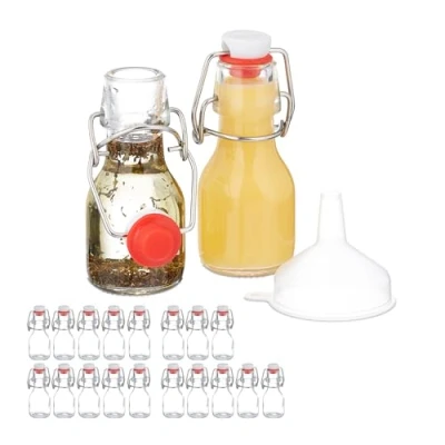 Image of Relaxdays Small, Set of 20, 50 ml, Glass Filling, Swing Top Stoppers, Mini Bottles, Transparent, Stainless steel, 11.5 x 5 4.5 cm
