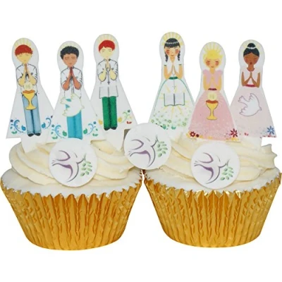 Image of 48 Pre Cut Edible Toppers 1st Holy Communion Mixed Boy &amp; Girl Wafer Decorations + Round Dove Pack of 24 Boys Girls (6 Different Designs) Doves 201 745 by CDA Products