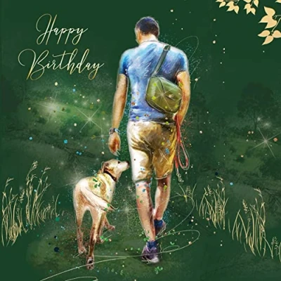 Image of Cherry Orchard Luxury Happy Birthday Card Man and his Dog Gold Foil Detailing envelope from Publishing