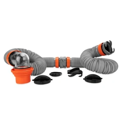 Image of Camco Rhino X 20 Ft Camper/RV Sewer Hose Kit (2) 10 Heavy Duty RV Septic Hoses Designed to Hold Shape &amp; Stay in Place Includes 4 1 Adapter 360 Swivel Fittings (39390)