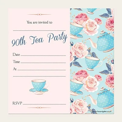 Image of Dotty about Paper Birthday Party Invitations Teapot &amp; Roses Pack of 10 90th. Celebration, Friends, Family, Ninety, Cute, Watercolour, Envelopes Included. (L165)
