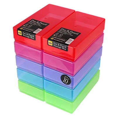 Image of WestonBoxes Plastic Storage Boxes with Lids for Pens, Pencils and Stationery 1.4 Litre Volume (Multicoloured, Pack of 10)