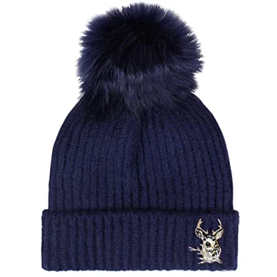 Image of TeddyT&#039;s Ladies Luxury Fleece Lined Embroidered Silver Stag Bobble Hat (French Navy)