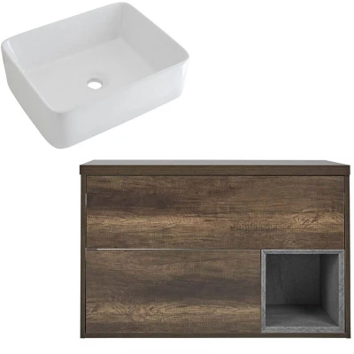 Image of Milano Bexley Dark Oak Wall Hung Bathroom Vanity Unit Rectangular Countertop Basin 1000mm