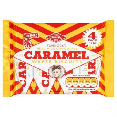 Image of Tunnock&#039;s Real Milk Chocolate Caramel Wafer Biscuits 4 x 30g Case of 20