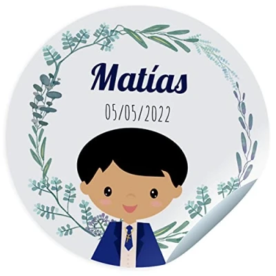 Image of ETIKIDS Communion sticker labels personalised name and date stickers for guests gifts size 45mm/60mm/70mm diameter not suitable clothes (NIÑO MORENO)