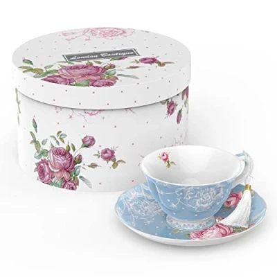Image of London Boutique Tea Cup and Saucer Set 1 Afternoon New Bone China Vintage Flora Gift Box 200m (Blue)