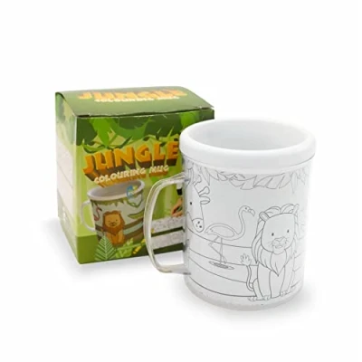 Image of Jungle Colour Your Own Cup Plastic Mug with 2 Themed Colouring Sheets Kids Fun Activity Arts and Crafts Party