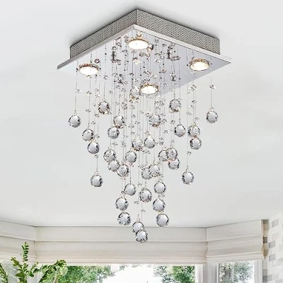 Image of BESTIER Modern Crystal Raindrop Chandelier Lighting Flush Mount LED Ceiling Light Fixture Pendant Lamp for Dining Room Bathroom Bedroom Livingroom 4 GU10 Bulbs Required Width 35 cm Height 50