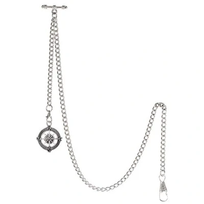 Image of TREEWETO Men&#039;s Albert Chain Pocket Watch Curb Link Key 2 Hooks with Antique Compass Pendant Design Charm Fob T Bar, Silver, Retro