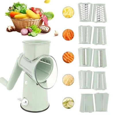Image of Rotary Cheese Grater Round Drum Chopper Manual Shredder with 10 Replaceable Stainless Blades and Strong Suction Base Multifunctional Vegetable Slicer for Kitchen Potato Carrot