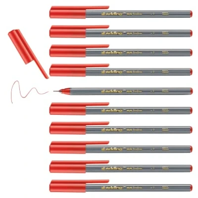 Image of edding 55 fineliner red 10 pens 0.3 mm nib colour pen for writing, drawing, underlining, illustrating children and adults, at school in the home or office