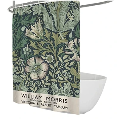 Image of Wewoo Home Waterproof Fabric Shower Curtain with Hooks William Morris Abstract Leaf Curtains Lightweight Machine Washable Bathroom W100xL200cm