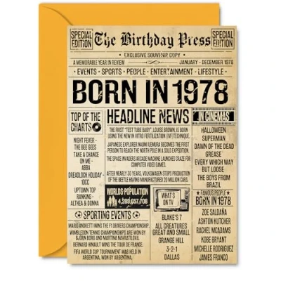 Image of 47th Birthday Card for Men Women Bday Press Newspaper 1978 Happy 47 Cards Uncle Colleague Son Niece Nephew Dad, A5 Greeting