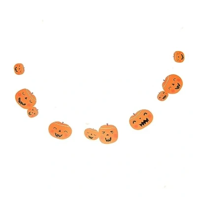 Image of PUKKA party Halloween Pumpkin Stitched Garland 2 Metre Lightweight Printed Banner with Various Jack O Lanterns on Easy to Hand String for Haunted Houses, Gothic Parties, and Trick or Treaters