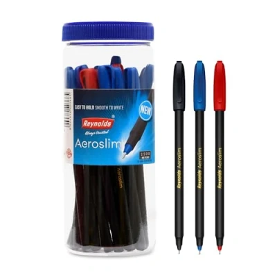 Image of Reynolds AEROSLIM BP 25 CT JAR 15 BLUE, 5 BLACK &amp; RED Ball Point Pen Set With Comfortable Grip Pens For Writing School and Office Stationery Students 0.7mm Tip Size
