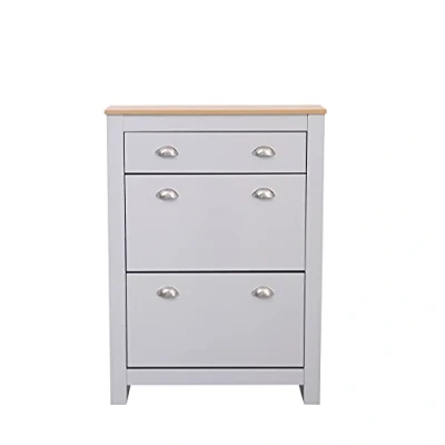 Image of Homeke 2 Tier Shoe Cabinet with 1 Drawer Storage Unit Cupboard Organiser for Hallway,Livingroom (Grey)
