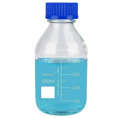 Image of Labasics Round Media Storage Bottles with GL45 Blue Screw Cap, Borosilicate Glass Clear Wide Mouth Graduated Reagent Lab Bottle, 500 ml