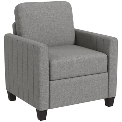 Image of HOMCOM Armchair, Channel Tufted Modern Fabric Accent Chair, Comfy Upholstered Reading Lounge with Spring Cushion, Back Pillow, for Living Room, Bedroom, Office, Light Grey