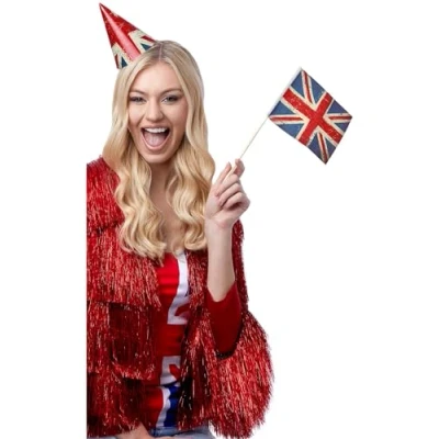 Image of Smiffys Union Jack Vintage Style Print Handheld Flags 10Pk, Fancy Dress, Dress Up Party Goods