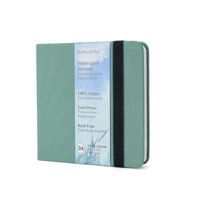 Image of tumuarta Square Watercolor Journal,12x12 CM, 300 GSM, 100% Cotton, Cold Press, 24 Sheets, 48 Pages, Journal for Use As Travel Sketch Book and Mixed Media Pad On The Go. (Green)
