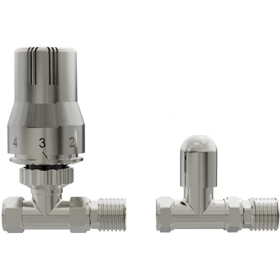 Image of NRG 15mm Satin Nickel TRV Thermostatic Radiator Valve + Lockshield Straight Valves