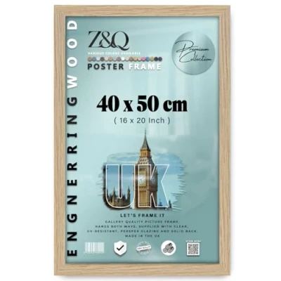 Image of Z&amp;Q Wall Mounted Poster Picture Frame Oak 40 x 50 cm Display Painting Photo Print With HD Clear Perspex Both Ways Hanging Hooks MDF Wood 30x15mm Moulding