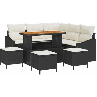Image of vidaXL 9 Piece Garden Sofa Set with Cushions Black Poly Rattan Acacia