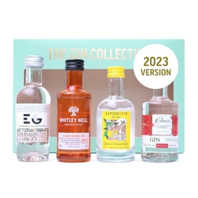 Image of Gin Gift Set Flavoured Alcohol Miniatures, Edinburgh Rhubarb &amp; Ginger, Chase Pink Gin, Sipsmith Lemon Whitley Neill Blood Orange 4x 5cl, Gifts for Women, Men Christmas 2023 Version