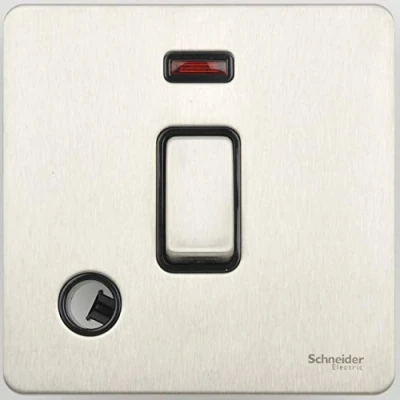 Image of Schneider Electric Ultimate Screwless Flat Plate Single Light Switch, Double Pole, 20AX, with Flex Outlet and Neon Indicator, GU2414BSS, Stainless Steel Black Insert