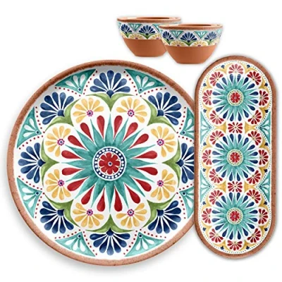 Image of Purely Home Rio Medallion Outdoor 4 Piece Plastic/Melamine Snacks &amp; Nibble Platter Bowl Serving Set