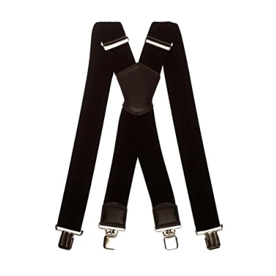 Image of Olata Men&#039;s Multi Purpose Extra Wide X Shape Braces/Suspenders with Leather Shield Centrepiece 5cm. Black (Silver Clips)