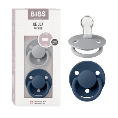 Image of BIBS De Lux Soother 2 Pack, BPA Free Dummy Pacifier, Round Nipple. Silicone, OneSize (0 36 Months), Cloud/Steel Blue