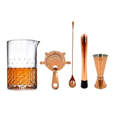 Image of 5 Piece Cocktail Mixing Glass Set 24oz Durable Jug with Weighted Base, Hawthorne Strainer, 25/50ml Jigger, Spoon &amp; Muddler Perfect for Home or Bar Use (Copper)