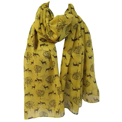 Image of GlamLondon Deer and Trees Scarf Christmas Reindeer Stag Ladies Large Festive Party Gift (Mustard Yellow)