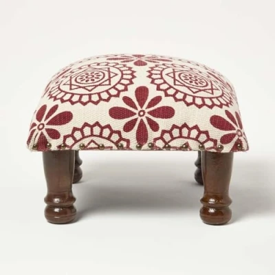 Image of HOMESCAPES Natural and Red Cotton Footstool 40 x cm Cassia Square Pouffe on Solid Wood Legs 25 Tall Ottoman Style Upholstered Footrest