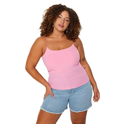 Image of Trendyol Woman Fitted Basic Scoop Neck Knit Plus Size Blouse,Pink,2XL