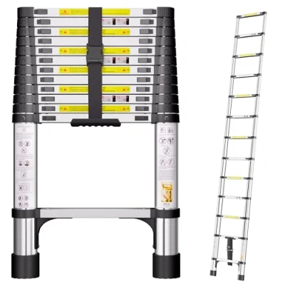 Image of Telescopic Ladder, 3.8M Stainless Steel Thickened High Strength Loft Ladder with Non Slip Feet, Portable Ladders Extendable, Adjustable Height Folding for Roof Attic Caravans