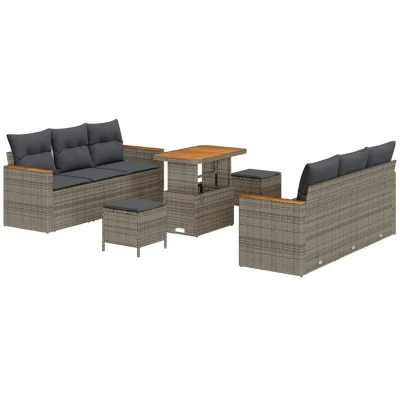 Image of vidaXL 9 Piece Garden Sofa Set with Cushions Grey Poly Rattan Acacia