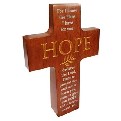 Image of Shalom Christian brown wood Hope Cross 16cm standing desk gift wooden Jeremiah 29:11