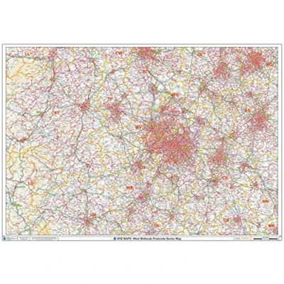 Image of West Midlands Postcode Sector Wall Map (S10) 47&quot; x 33.25&quot; Laminated