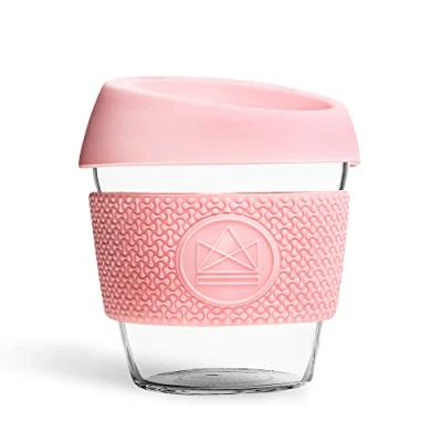 Image of Neon Kactus Glass Coffee Cup Reusable with Lid For Home or On the Go Travel Hot &amp; Cold Drinks Durable, Non Permeable, Slip, Splash Proof Pink Flamingo, 8oz